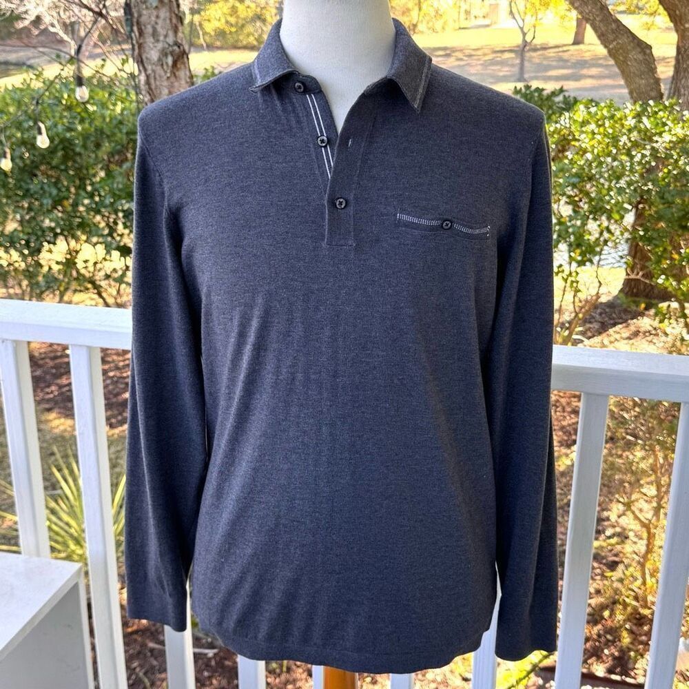 Buttercloth Long Sleeve Polo Shirt. Gray. Large.